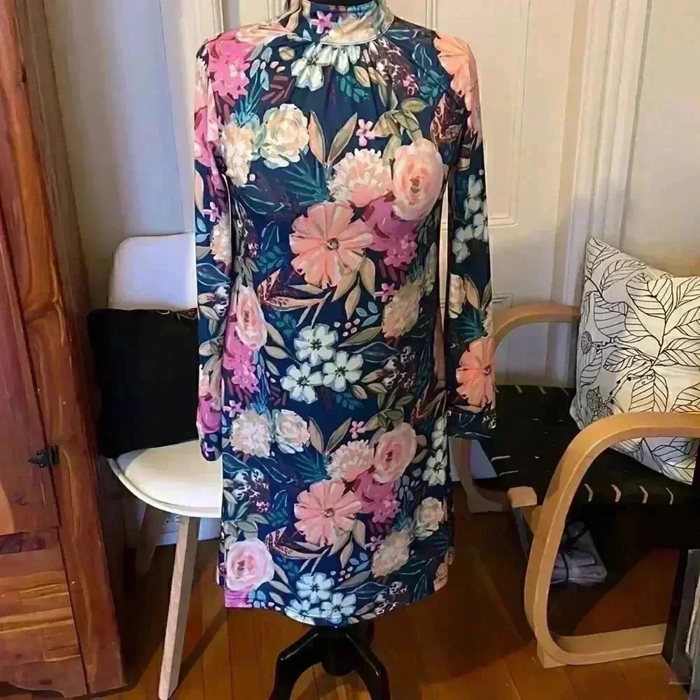 Vfish hi collar retro mod floral lightweight longsleeve dress small NWT